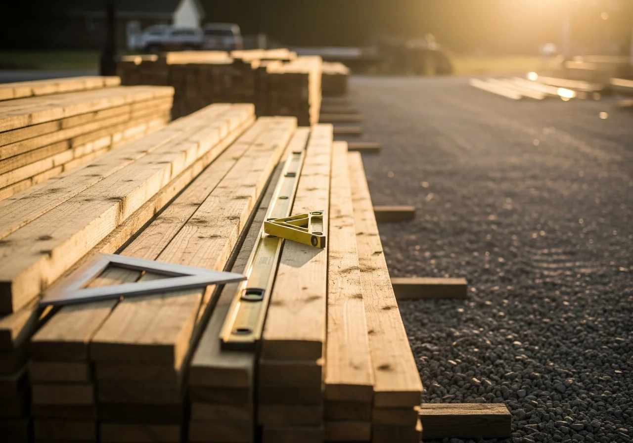 Construction crew and tools on a residential home building site, showcasing professional workmanship and attention to detail.