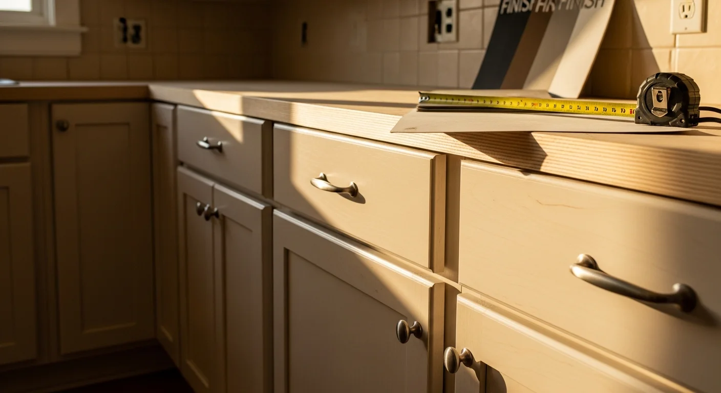 Refaced kitchen cabinets in a Springfield single-family home showing new flat-panel doors, updated drawer fronts, and fresh hardware installed by Wynns Construction. The existing cabinet boxes remain in place with new veneer applied to the face frames and side panels.