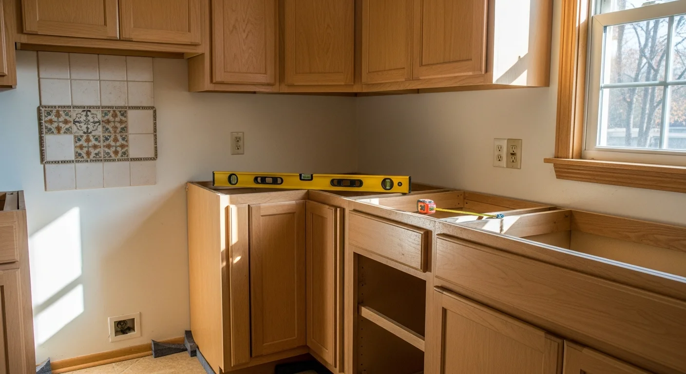 Finished custom wood cabinet installation in a Springfield Illinois kitchen, with floor-to-ceiling upper and lower cabinets fitted flush against the walls. A carpenter from Wynns Construction checks cabinet alignment with a level during the final installation stage.