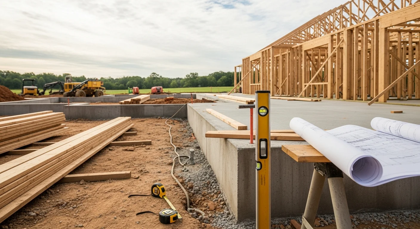 A newly completed custom home in Springfield with a covered front porch, board-and-batten siding, and a two-car garage. The home sits on a cleared residential lot with fresh landscaping along the foundation.