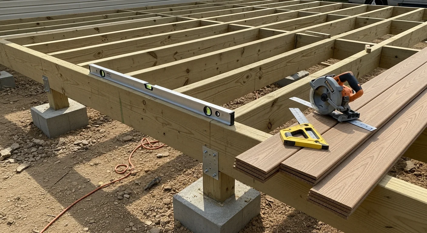 A newly built wood deck attached to the back of a Springfield, Illinois home, showing framed railings, stair access to the yard, and concrete footings at ground level.