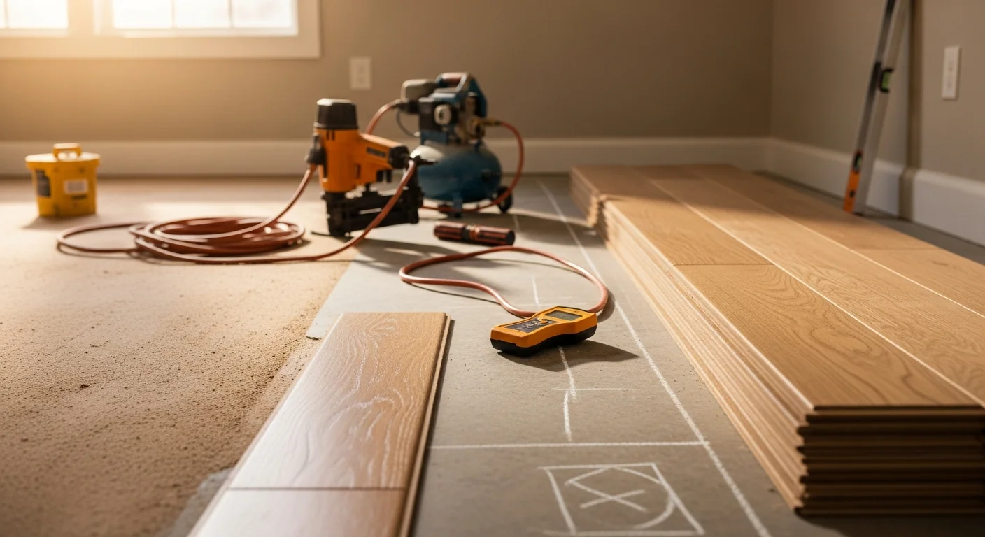 Newly installed hardwood flooring in a Springfield home living room, showing straight plank rows and a smooth, even finish. A carpenter's tools rest near the wall edge where trim work is being completed.