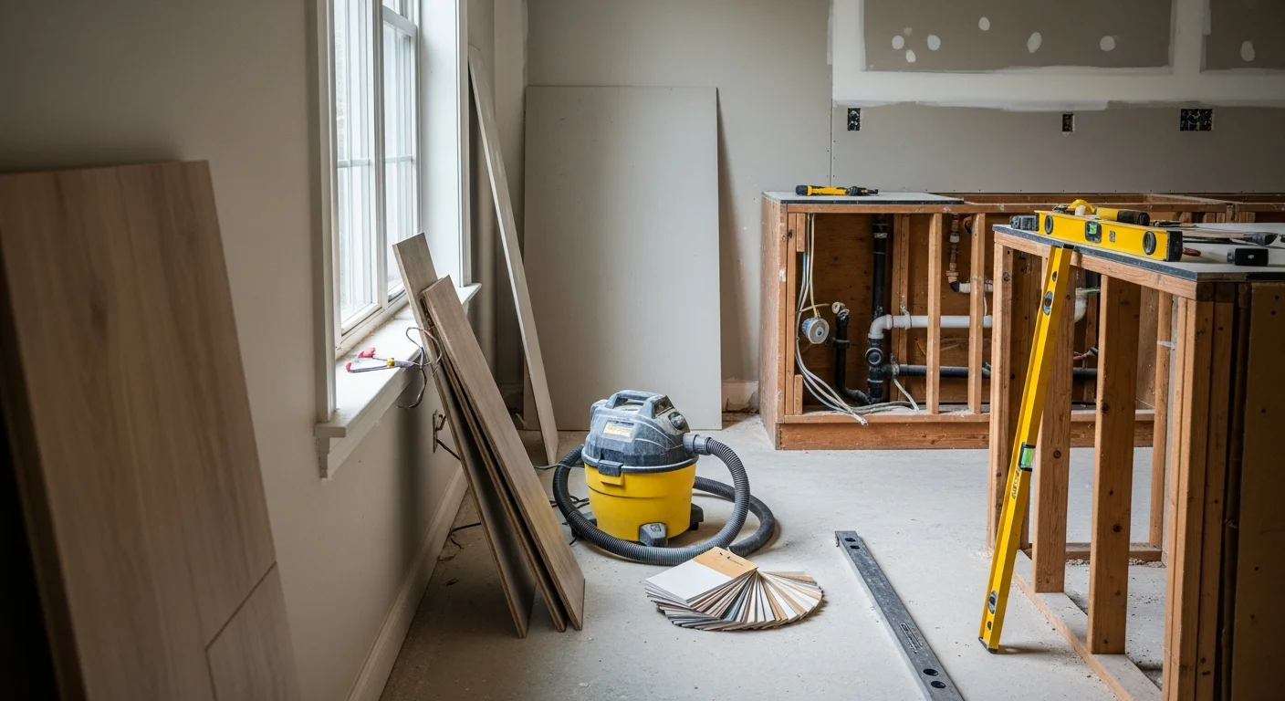 A renovated open-concept kitchen and living area inside a Springfield, IL home, showing updated cabinetry, new flooring, and fresh drywall work completed by a general contractor. The space reflects a full interior renovation typical of mid-century homes in the Springfield area.