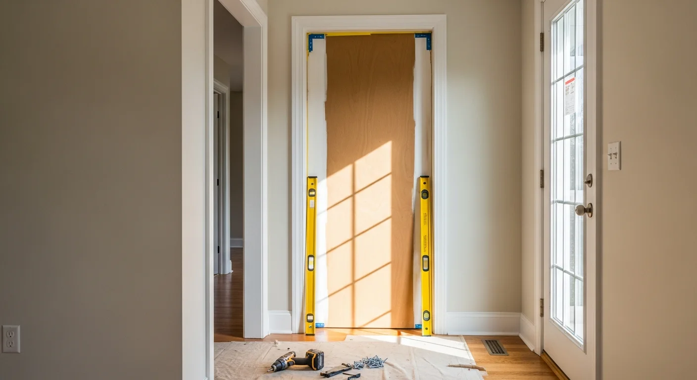 A freshly installed interior door with white casing trim in a Springfield, IL home hallway. The door is hung plumb with clean mitered corners on the door frame.