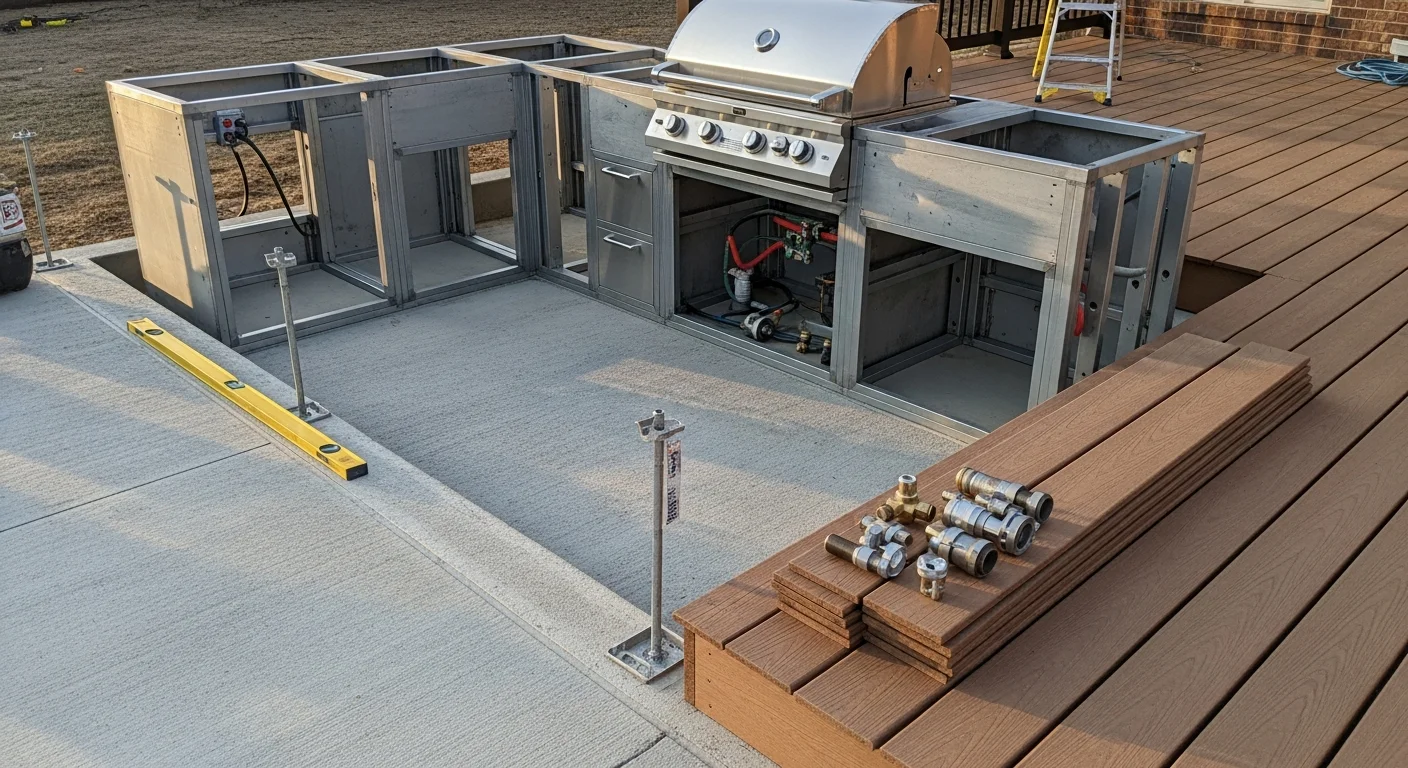A completed outdoor kitchen built by Wynns Construction in Springfield, featuring a built-in grill station and counter space on a paved patio surface. The structure connects to an adjacent deck with weather-resistant framing suited to Springfield's seasonal climate.