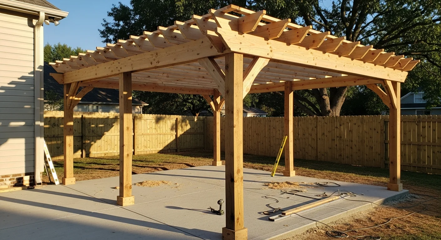 A custom wood pergola installed by Wynns Construction over a backyard patio in Springfield, Illinois. The structure features open rafters and square posts anchored to a concrete patio surface with a residential home visible in the background.