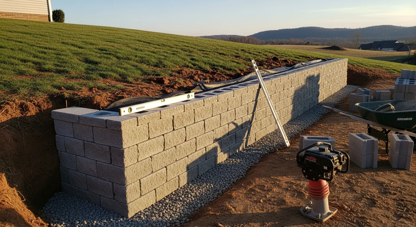 A newly completed retaining wall on a sloped residential backyard in Springfield, showing level courses of block, compacted base, and graded soil behind the structure. The wall creates a flat usable area adjacent to an existing patio.