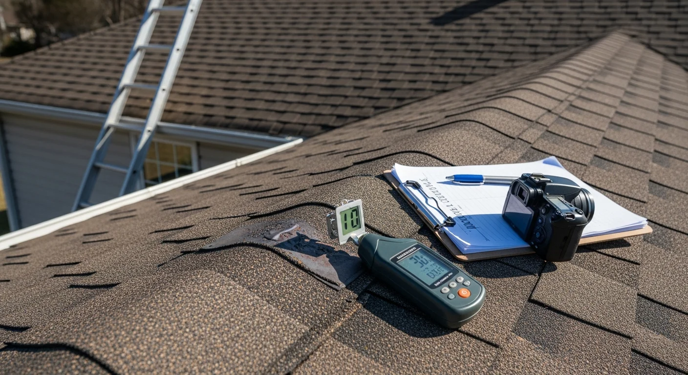 A Wynns Construction roofer inspecting shingles and flashing on a residential roof in Springfield, Illinois. The inspector examines the ridge line and gutter edge of a single-story home under clear daylight conditions.