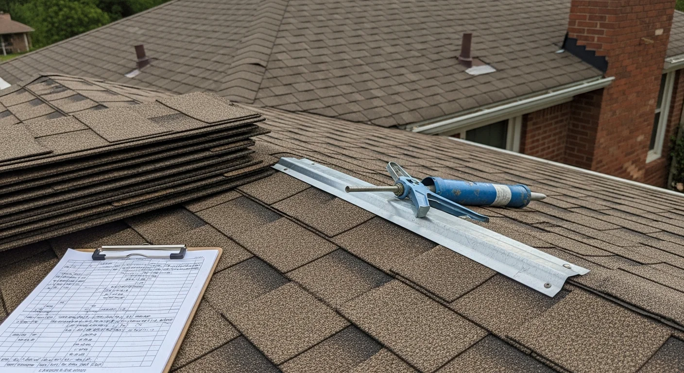 A Wynns Construction crew member inspecting shingle and flashing damage on a residential roof in Springfield, Illinois. Close-up view shows lifted shingles and worn flashing along the roof edge after storm weather.