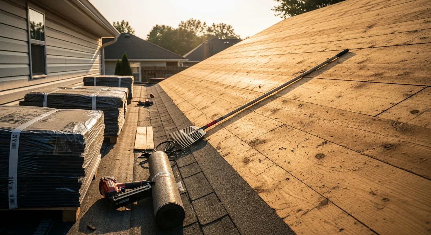 A completed residential roof replacement on a Springfield, IL home, showing new roofing installed over a two-story house with clean ridge lines and uniform coverage. The surrounding neighborhood reflects the older residential construction common across central Illinois.
