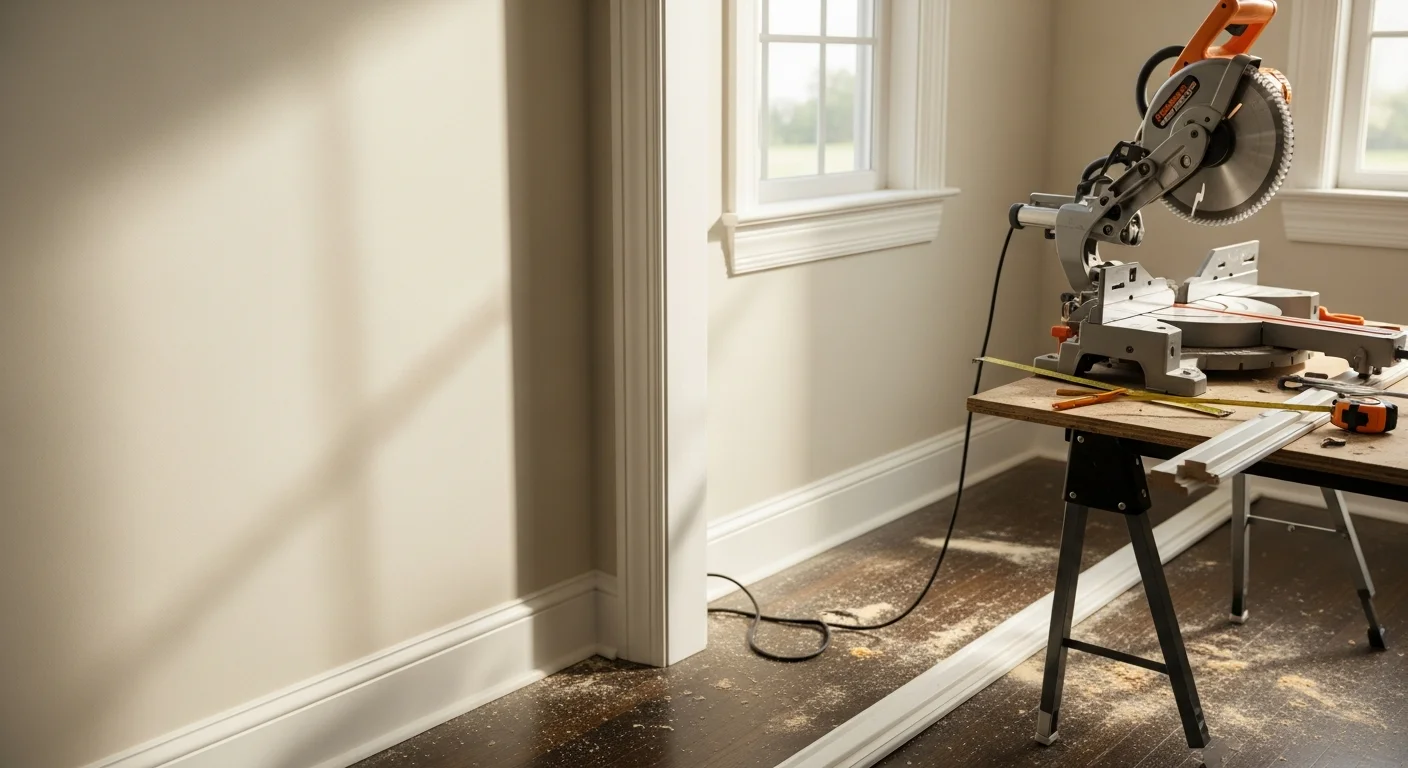A Springfield, IL living room showing freshly installed white crown molding and baseboards where walls meet the ceiling and hardwood floor. A carpenter from Wynns Construction fits a mitered corner casing around a doorway in the background.